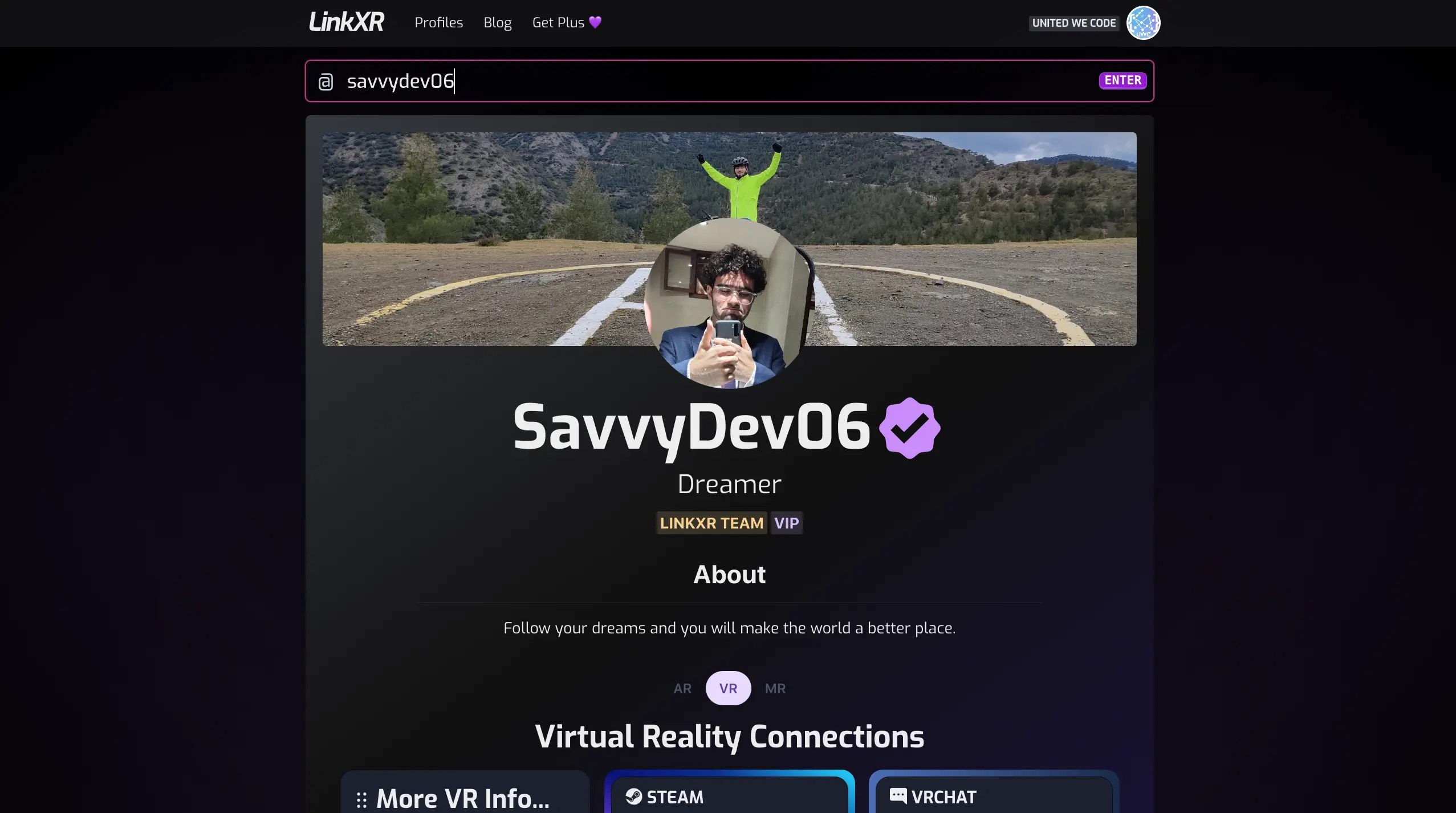 Savvy's profile page on LinkXR