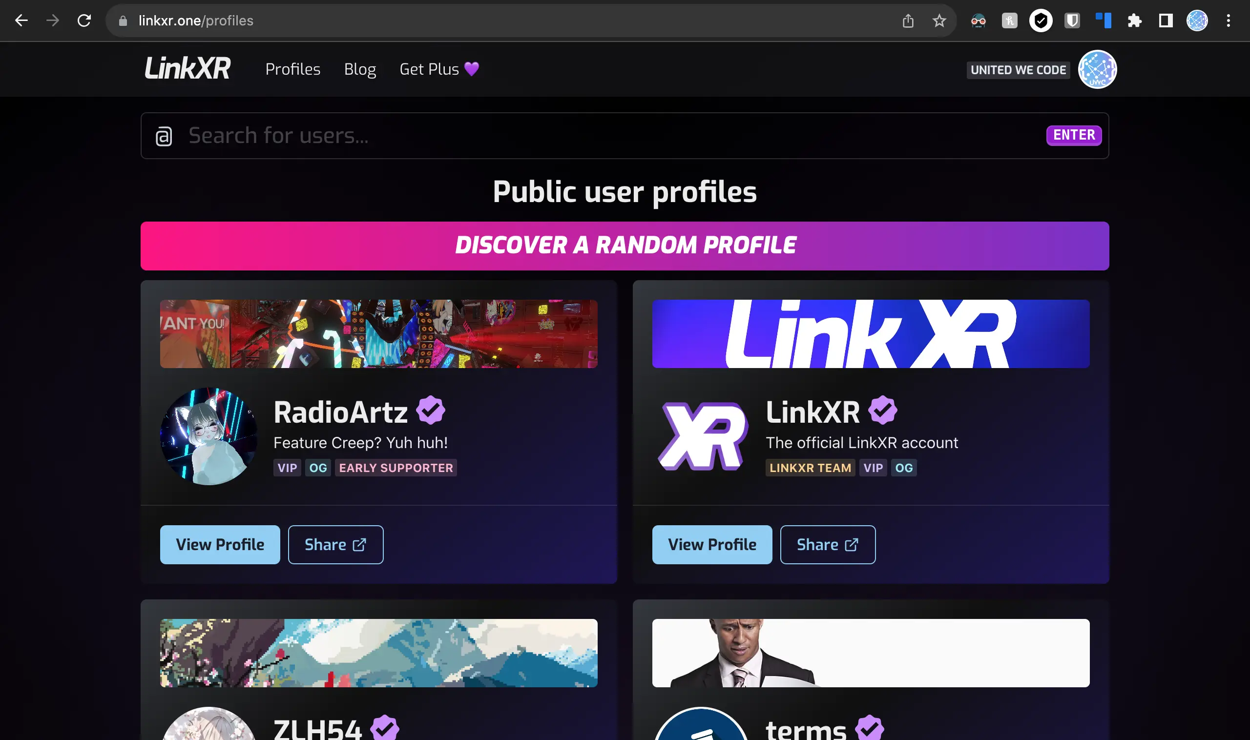 The Public Profiles page on LinkXR
